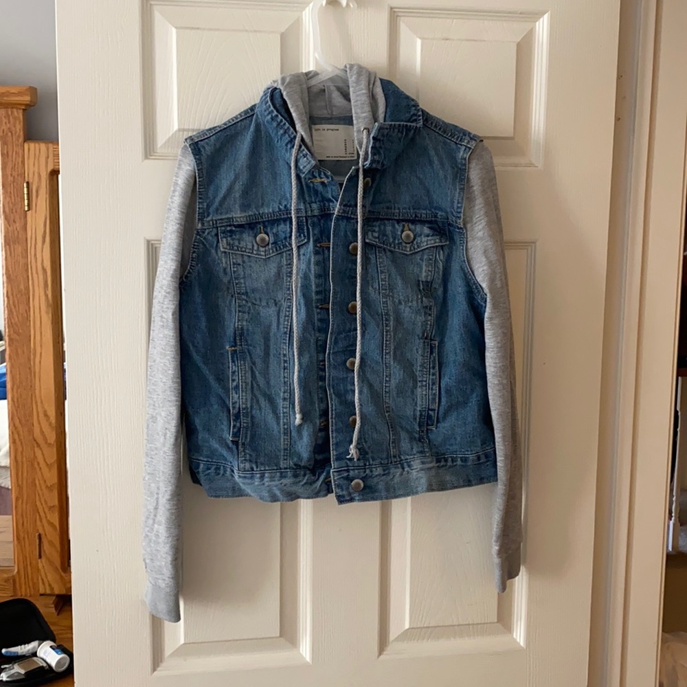 Jean jacket with jersey sweater hoodie